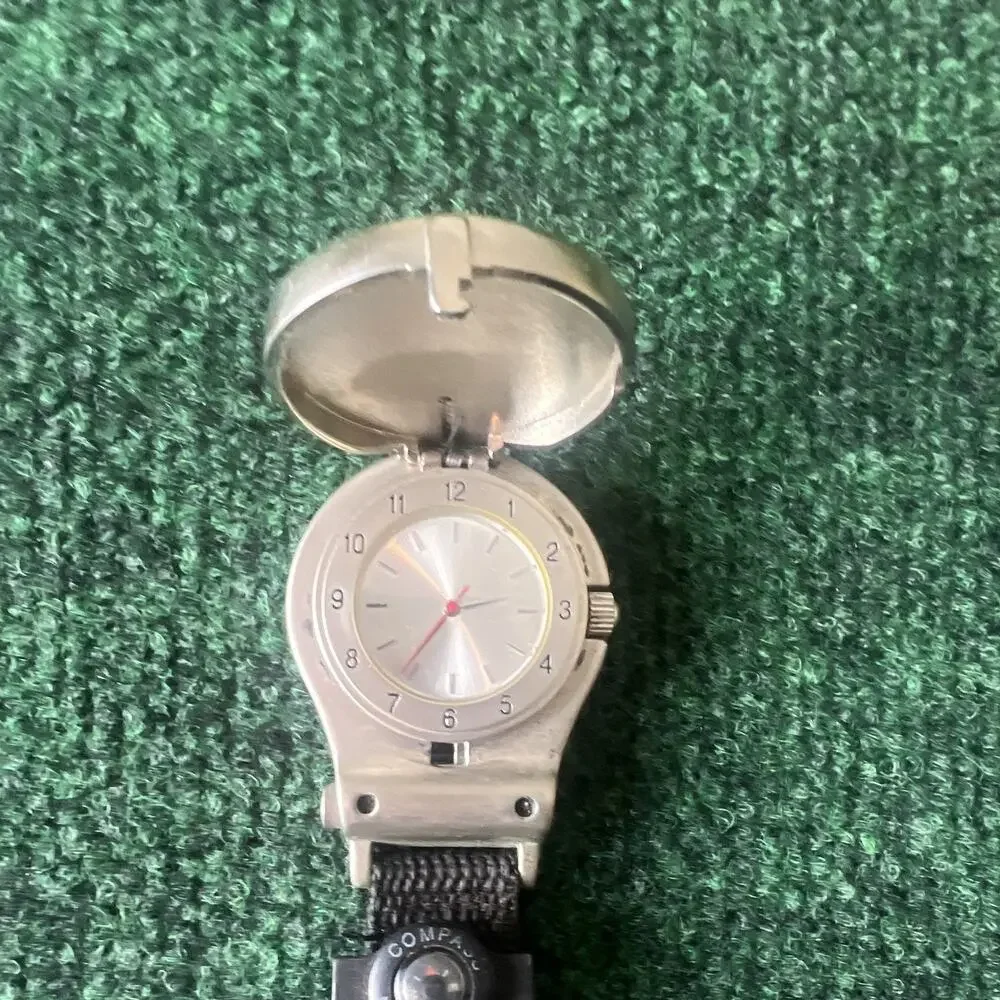 ESP Quartz Analog Wristwatch Compass Silver Dial Steel Case Black Nylon Strap